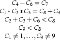 \begin{array}{c}
C_4 - C_6 = C_7\\
C_1 * C_2 * C_3 = C_8 + C_9\\
C_2 + C_3 + C_6 < C_8\\
C_9 < C_8\\
C_1\neq 1,\ldots, C_9\neq 9
\end{array}
